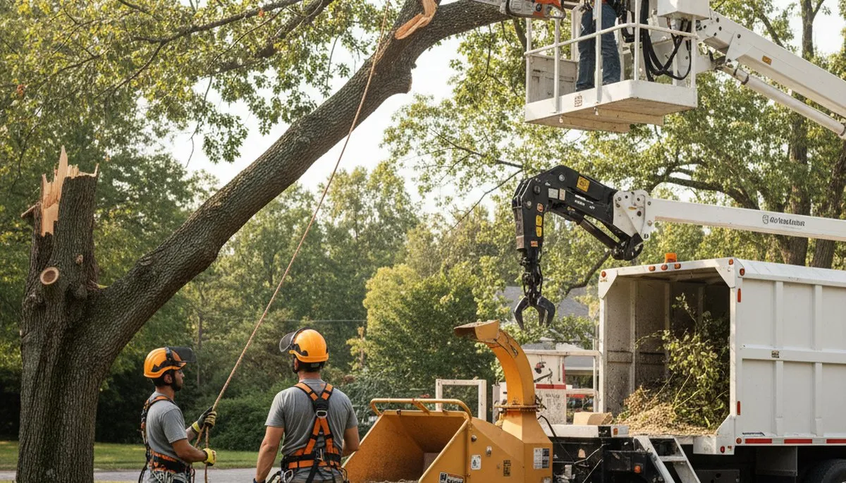 Emergency tree crew removing storm-damaged tree in Highland Park, IL