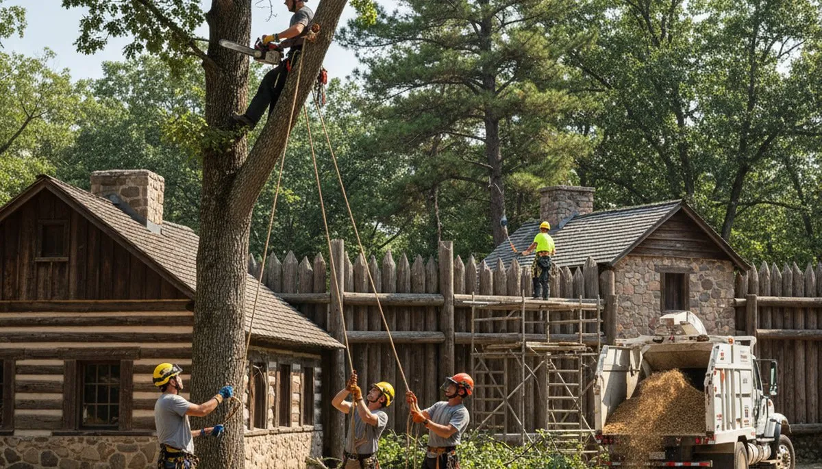 Tree service crew in Highland Park, IL removing and trimming trees for residential property safety